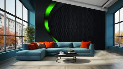 Dark steel mesh abstract background with green glowing lines with space for design. Modern technology innovation concept background Wall mural