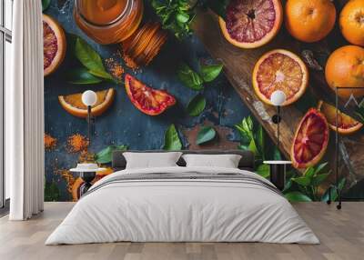 Citrus Sinensis, Blood orange with the leaf  Wall mural