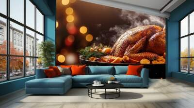 A beautifully roasted turkey sits on a festive table, surrounded by vibrant vegetables and garnished for a holiday celebration. Wall mural