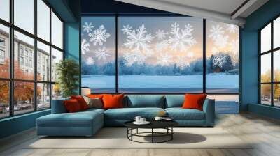 A cozy winter scene viewed through large windows adorned with delicate snowflake patterns, capturing the beauty of a snowy landscape. Wall mural