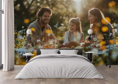 A family enjoying an outdoor picnic with sandwiches and fruits in a warm and joyful style Wall mural