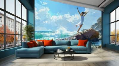 A fitness enthusiast, a young woman, finds serenity in her yoga practice, savoring the gentle caress of the wind and inhaling the crisp sea breeze as she balances on the rocky beach Wall mural