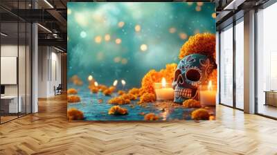 A vibrant altar scene featuring a colorful skull, marigold flowers, and glowing candles against a mystical background. Wall mural