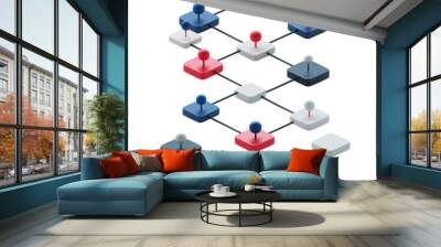 A vibrant diagram showcasing connections between elements in red, white, and blue, perfect for illustrating complex ideas. Wall mural