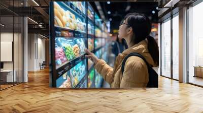 A woman shopping at a modern grocery store, examining fresh produce on a digital display with interest and curiosity. Wall mural