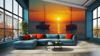 Breathtaking sunset view with two sailboats silhouetted against a vibrant sky over calm waters, evoking tranquility and peace. Wall mural