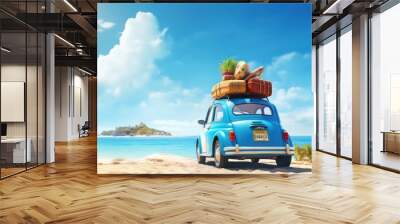 Car packed with luggage, all set for a summer holiday adventure on Golden sand meets the tranquil blue sea. Wall mural