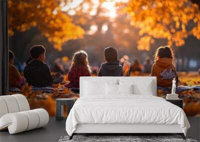 Children enjoying a serene autumn day surrounded by colorful leaves, capturing the essence of fall and friendship. Wall mural