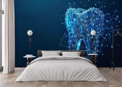 Digital 3D illustration of a human tooth made of blue connected dots and lines on a dark background. Wall mural