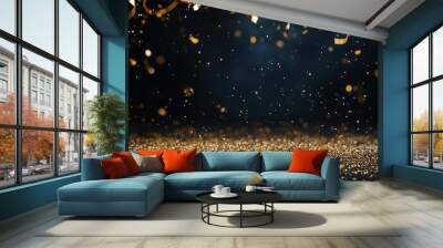 Elegant golden confetti falling gracefully against a dark background, creating a festive and celebratory atmosphere. Wall mural