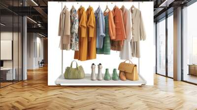 Fashionable clothing rack showcasing vibrant outfits and stylish accessories for a trendy wardrobe. Wall mural