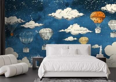 Flat minimalistic style illustration of a blue sky with multiple small, white parachutes carrying fluffy clouds and colorful gift boxes, soft pastel background Wall mural