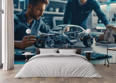 Industrial designer and engineer collaborating on the future of automotive design. They work on a model car infused with artificial intelligence. Wall mural