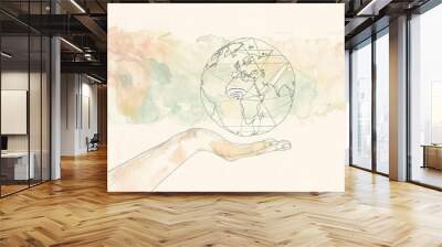 Minimalistic illustration a hand encircling a globe interconnected with wifi and data lines Wall mural