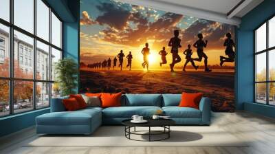 The black silhouettes of marathon runners against the backdrop of a captivating sunset, capturing the essence of endurance and determination in the sport of long-distance running. Wall mural