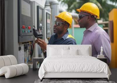 Two engineers in safety helmets examining electrical panels outdoors, ensuring proper operation and safety compliance on a project. Wall mural