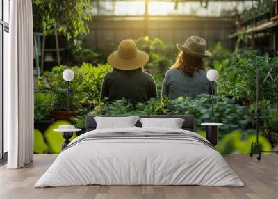 Two friends enjoy a peaceful moment in a lush greenhouse surrounded by vibrant plants, capturing the essence of nature. Wall mural