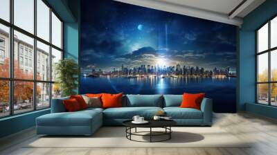 Unique sunrise in space with a blue Earth adorned by city lights, showcasing elements. Wall mural