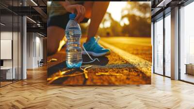 Woman tying her shoes before a run on a racetrack in the park with bottle of water in focus on a bright background, with a blurred image of a sporty. Wall mural