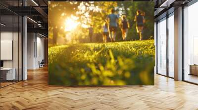 A group of people walking in a park during a sunny day. The sun is shining through the trees, creating a warm and pleasant atmosphere. Wall mural