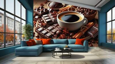  A cup of black coffee with chocolate bars, cinnamon sticks, and coffee beans arranged on a wooden table. There are also two bowls of coffee beans, one with a burlap bag and one with a clay bowl. Wall mural