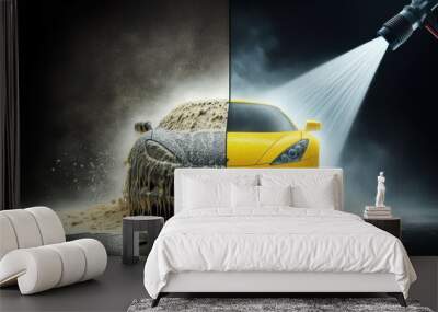  A yellow sports car undergoing a transformation from dirty to clean during a car wash..Concept: Car wash, before and after, car care, detailing, transformation. Wall mural