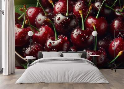 A cluster of red cherries with water droplets on their skins sits in a rustic wooden bowl. The cherries are round and shiny, and some leaves are visible at the base of the bowl. Wall mural