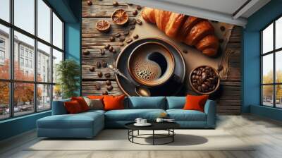 A cup of black coffee sits on a rustic wooden table alongside a croissant, coffee beans, and dried orange slices..Concept: Coffee and Croissant Breakfast Wall mural