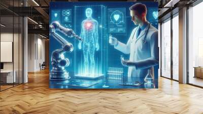 A doctor analyzes samples while a robotic arm interacts with a holographic human, showcasing medical AI...Concept: AI in healthcare, medical robotics, futuristic medicine. Wall mural