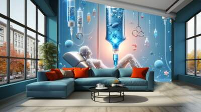 Infusion of Health, abstract depiction of a person receiving an IV infusion, surrounded by medical imagery and glowing with health Wall mural