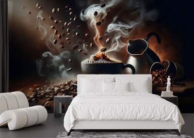 steaming cup of coffee surrounded by coffee beans, with a Turkish coffee pot in the background. A spotlight shines on the cup, highlighting the steam and the coffee beans. Wall mural