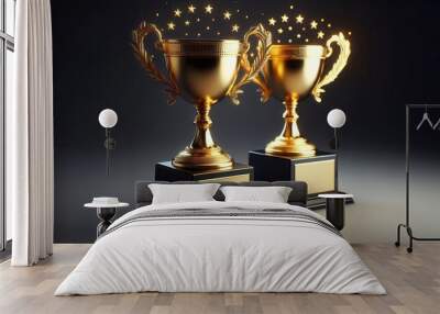 Two gold trophies with stars emanating from them, set against a dark background..Concept: Exceptional achievement, reaching for the stars, extraordinary success. Wall mural