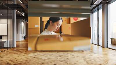 Asian woman working at online store warehouse checking inventory stock parcel boxes on shelves, online e-commerce retail small business concept Wall mural