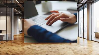 Closeup business people finger using laptop trackpad, touchpad scrolling on website, surfing, searching, browsing the internet Wall mural