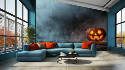 Eerie Glowing Jack o Lantern in Mysterious Smoky Autumn Environment Wall mural