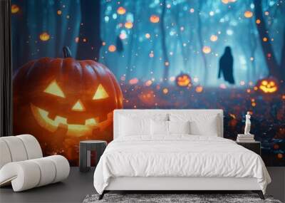 Haunted Forest Glowing Jack o Lantern Halloween Background Wall mural