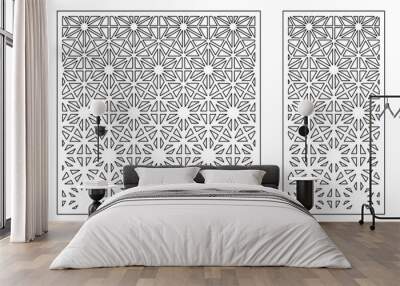 Set decorative card for cutting. Recurring linear geometric mosaic pattern. Laser cut. Ratio 1:1, 1:2. Vector illustration. Wall mural