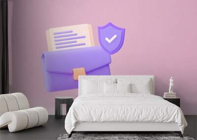 3D illustration of a folder with documents and a secure shield icon on a pink background, symbolizing protection and organization. Wall mural