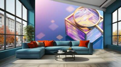 A 3D magnifying glass dissecting layers of data in a digital cube, symbolizing deep search capabilities Wall mural