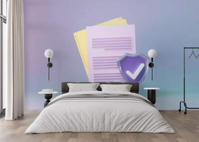 Abstract insurance document with purple security shield icon, representing data protection and privacy assurance. Wall mural