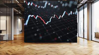 Close-up of fluctuating stock market graph on a black background, depicting financial data analysis and business growth trends. Wall mural