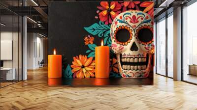 Colorful sugar skull with candles and flowers on a dark background. Wall mural