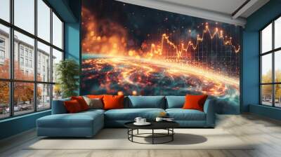 Dynamic visualization of global data trends with glowing lines and graphs, illustrating the concept of interconnectedness and technology. Wall mural