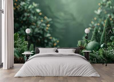 Festive green holiday background with Christmas decorations, greenery, and bokeh lights, perfect for seasonal celebrations and design projects. Wall mural