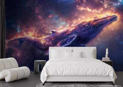 Surreal digital illustration of a majestic cosmic whale swimming through a vibrant, glowing nebula in deep space with stunning colors. Wall mural