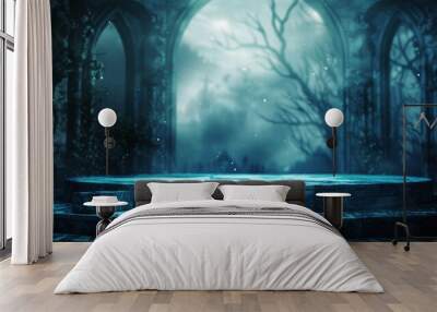 The dark and mysterious setting of this image creates a sense of intrigue and danger. The blue light and eerie mist add to the atmosphere of suspense. Wall mural