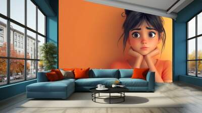 3D cartoon of a bored and sad Indian girl, young adult with thinking pose, light background, human emotions concept Wall mural