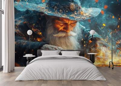 4K illustration of a wizard working on a custom spell, involving alchemy and magical rituals, with detailed magical artifacts and vibrant effects Wall mural