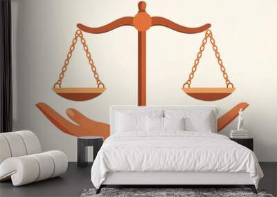 A minimalist flat design illustration of hands gently holding perfectly balanced scales, symbolizing justice and morality, set against a neutral background Wall mural