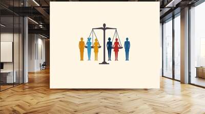 A minimalist flat design of justice scales with figures from different ethnicities holding each side, representing inclusivity and moral fairness, on a crisp, simple background Wall mural